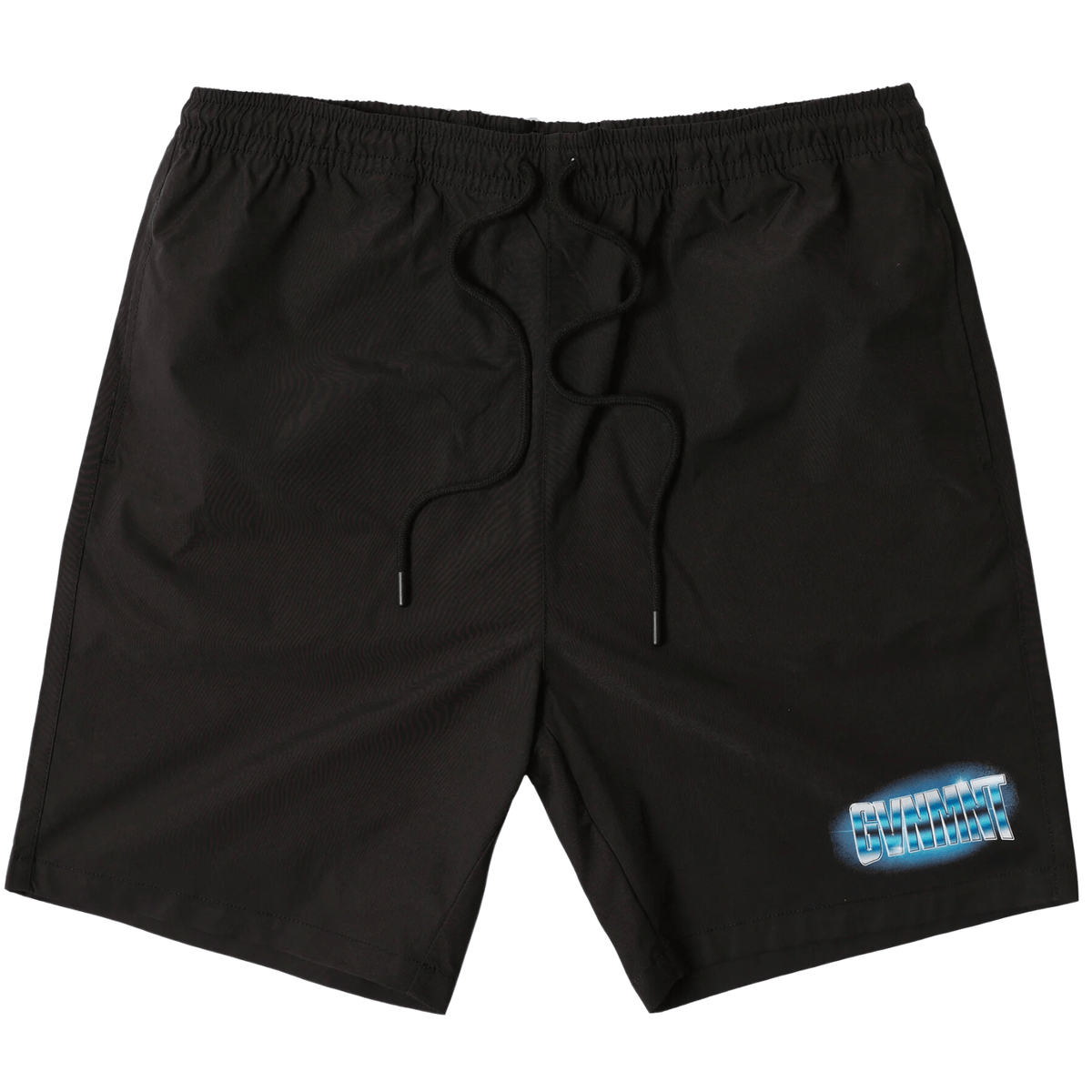 Black GVNMNT Clothing Co Gleam Shorts laid flat, featuring a casual fit and elastic waistband for comfortable wear.