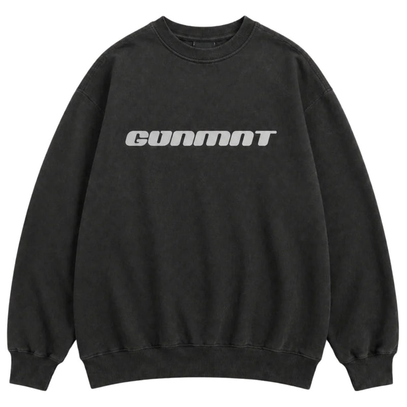 GVNMNT Future Proof sweatshirt in faded black, crewneck style, made by GVNMNT Clothing Co, shown on a hanger.