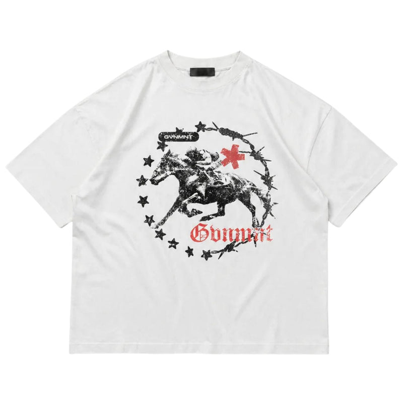 White GVNMNT Prize Horse T-Shirt featuring a detailed horse graphic, casual fit, and soft cotton fabric.