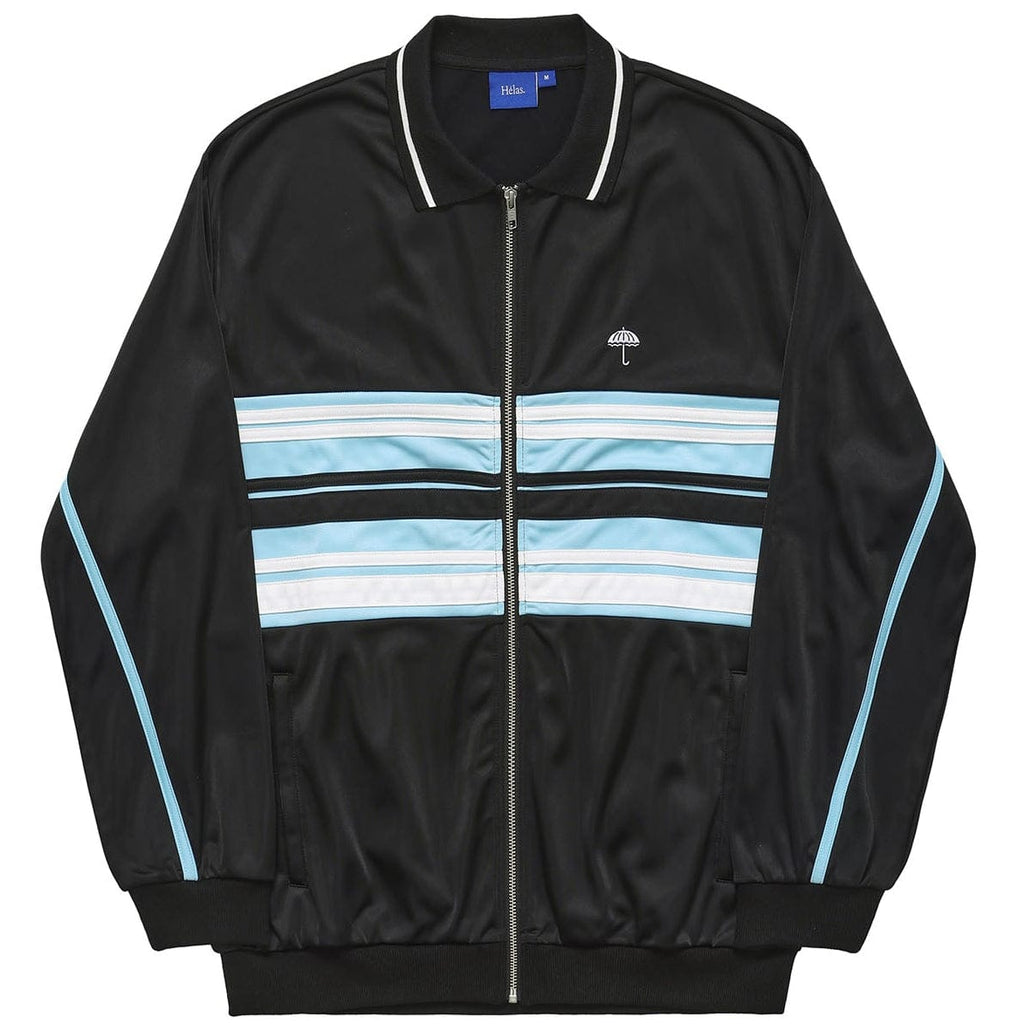 Black Helas Detente tracksuit jacket with a zip-up front, standing collar, and sporty design, perfect for casual wear.
