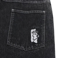 Helas Dieu Grec Jean Shorts in washed black denim, featuring a relaxed fit and distressed details for a casual streetwear look.