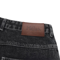 Helas Dieu Grec Jean Shorts in washed black, casual denim shorts with distressed details and branded logo patches.