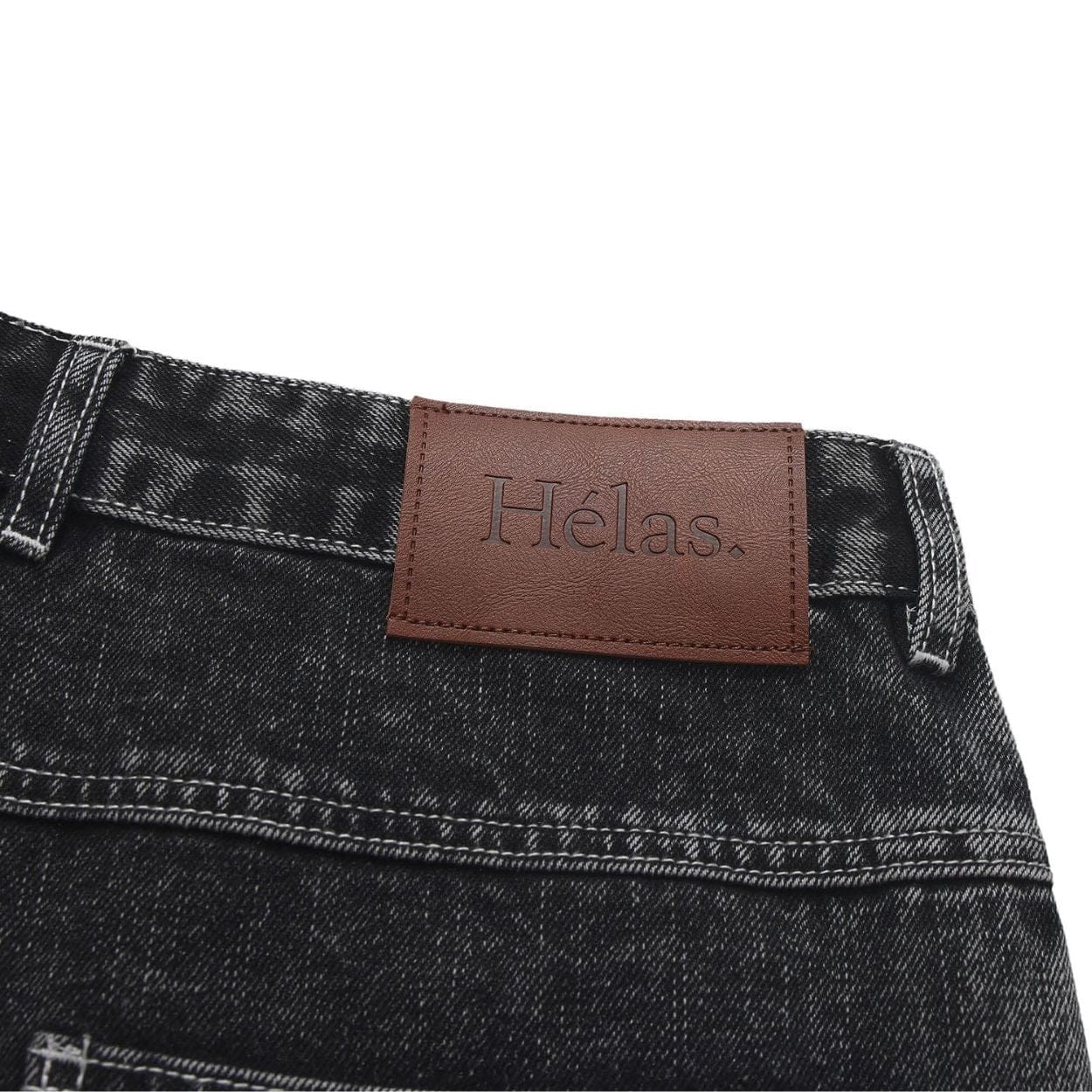 Helas Dieu Grec Jean Shorts in washed black, casual denim shorts with distressed details and branded logo patches.