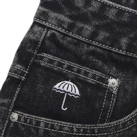 Helas Dieu Grec Jean Shorts in washed black fabric, casual denim style with distressed detailing and belt loops.