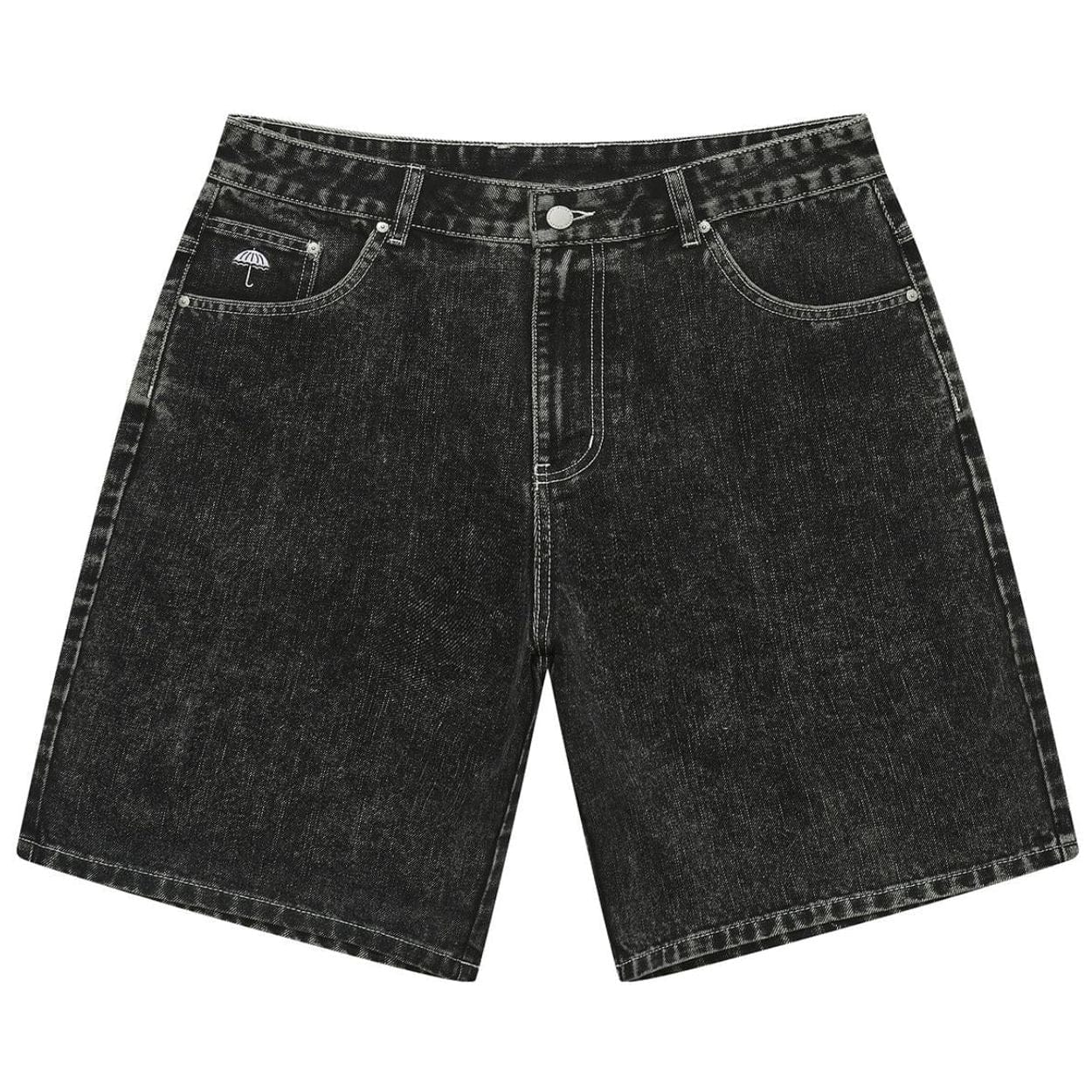 Helas Dieu Grec Jean Shorts in washed black denim, featuring a stylish fit and distressed details, perfect for casual wear.