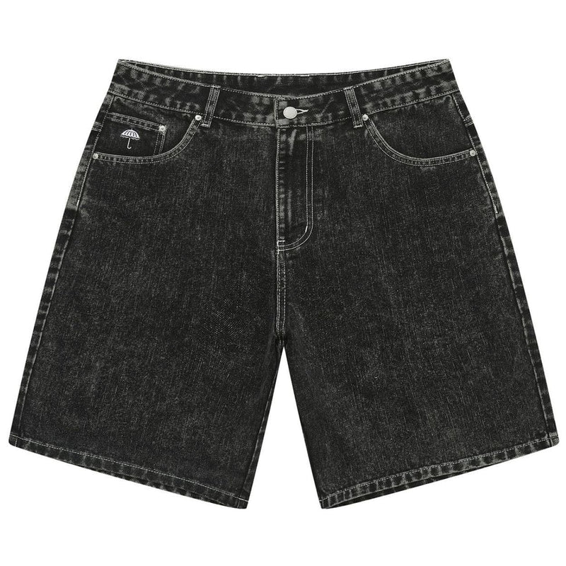 Helas Dieu Grec Jean Shorts in washed black denim, featuring a stylish fit and distressed details, perfect for casual wear.