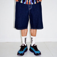 Helas Dieu Grec Jean Shorts in washed navy fabric, casual denim style, featuring a relaxed fit and classic jean details.