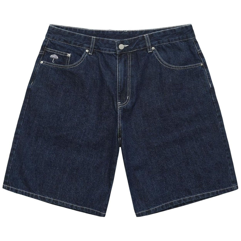 Helas Dieu Grec Jean Shorts in washed navy color, showing casual denim style with distressed details and classic fit.