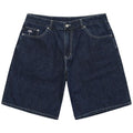Helas Dieu Grec Jean Shorts in washed navy color, showing casual denim style with distressed details and classic fit.