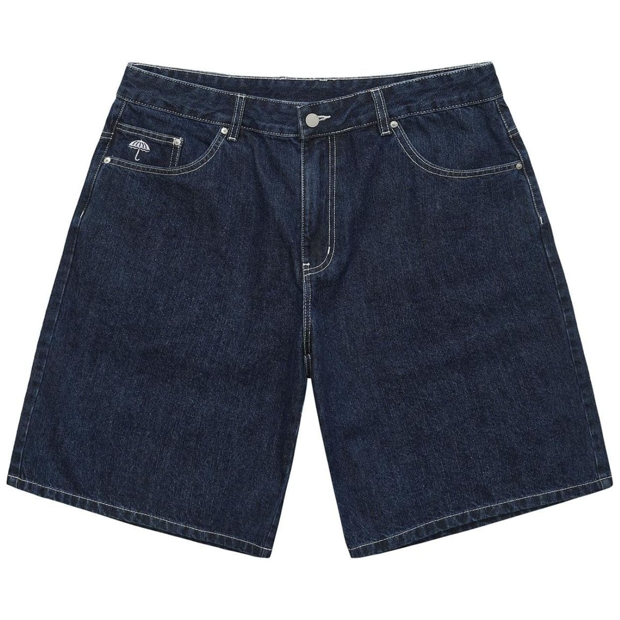 Helas Dieu Grec Jean Shorts in washed navy color, featuring casual denim style and distressed details for a relaxed summer look.