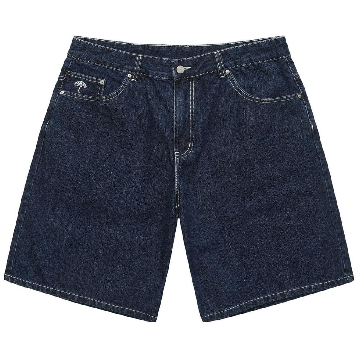 Helas Dieu Grec Jean Shorts in washed navy color, showing casual denim style with distressed details and classic fit.