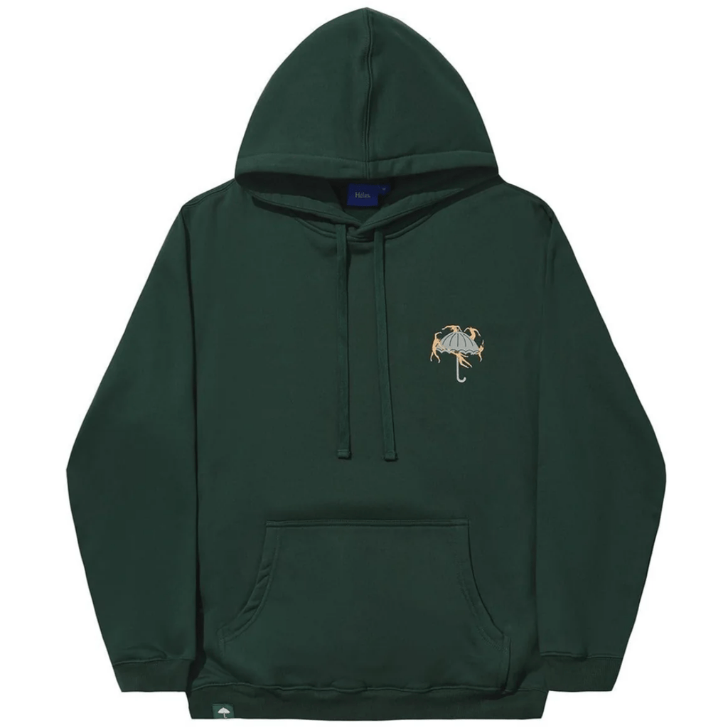 Forest green Helas Dancing Hoodie with a relaxed fit, featuring a front pocket and graphic design, made from soft, comfortable fabric.