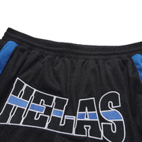Black Helas Hoop Sport Shorts laid flat, showcasing their lightweight fabric and sporty design for active wear.