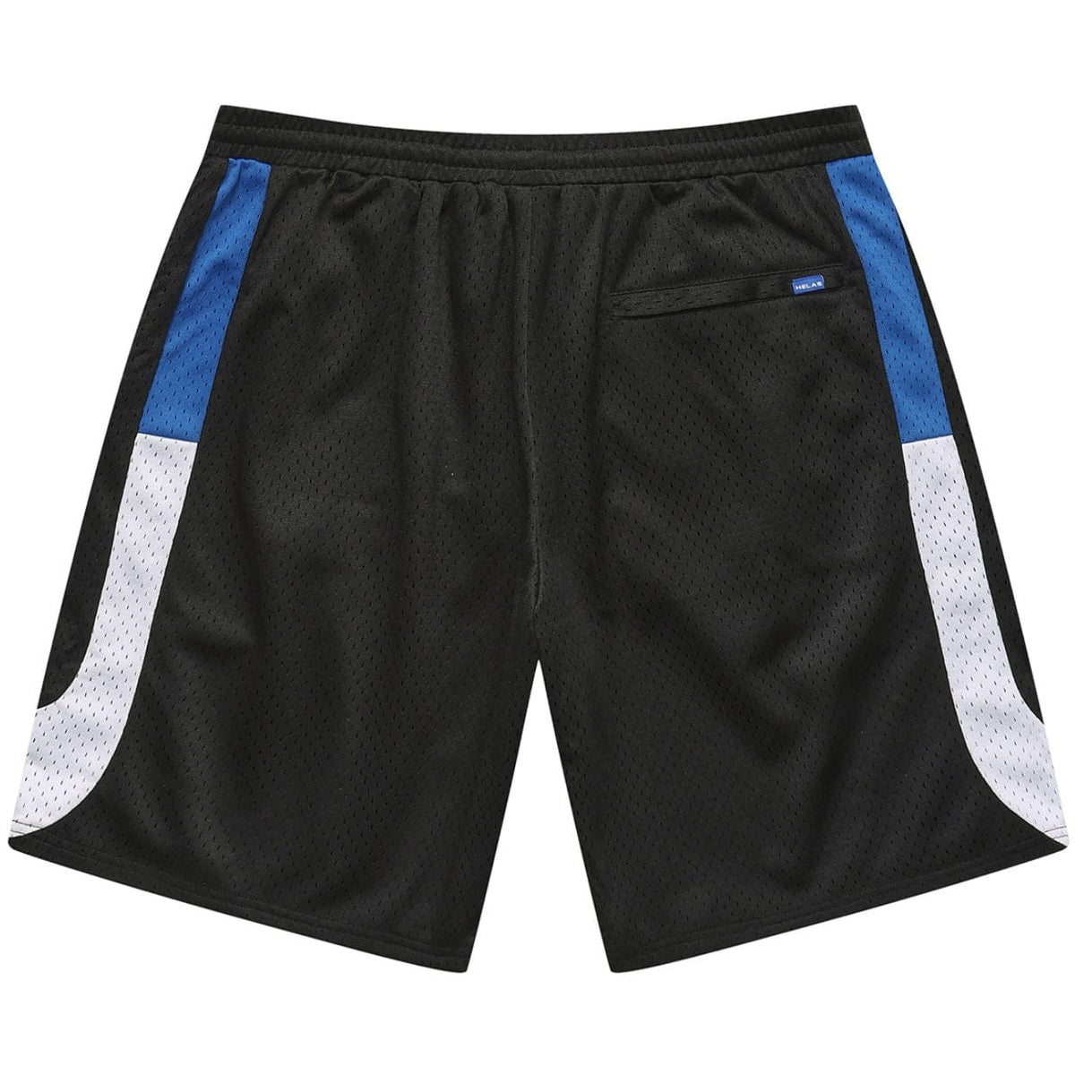 Black Helas Hoop Sport Shorts displayed on a hanger, showcasing their relaxed fit and athletic style.