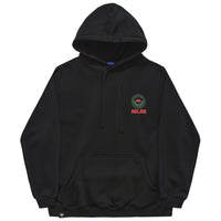 Black Helas Ibiz hoodie with front pocket and drawstrings, displayed on a hanger against a plain background.