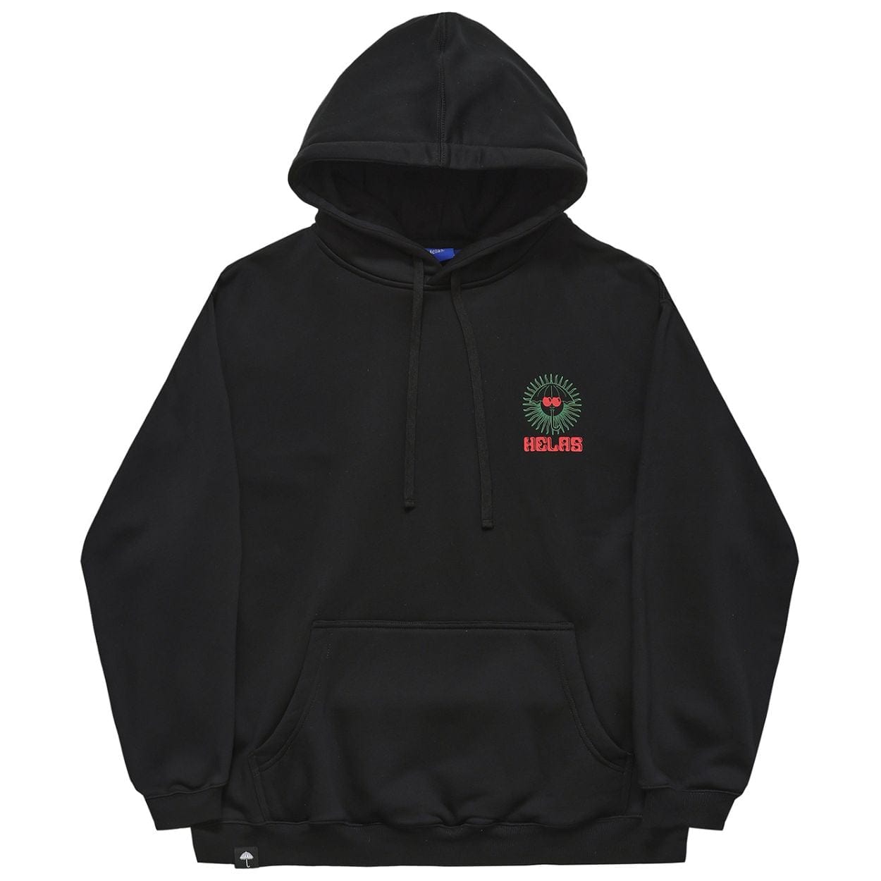 Black Helas Ibiz hoodie with front pocket and drawstrings, displayed on a hanger against a plain background.