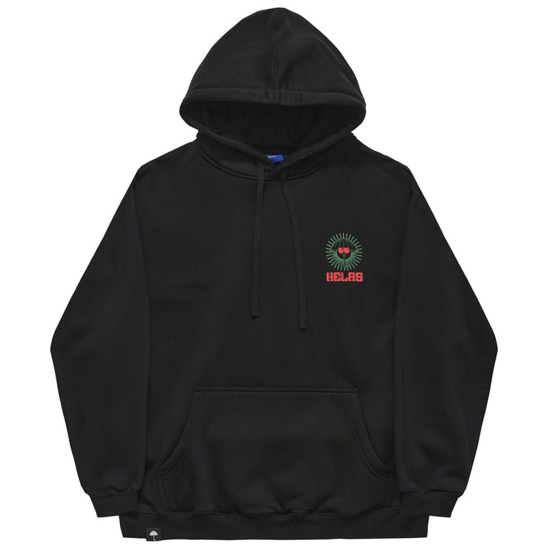 Black Helas Ibiz hoodie with front pocket and drawstrings, displayed on a hanger against a plain background.