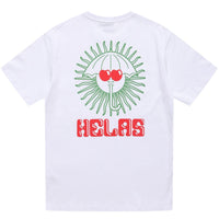 White Helas Ibiz T-Shirt with logo print, casual fit, soft fabric, short sleeves, and crew neckline.