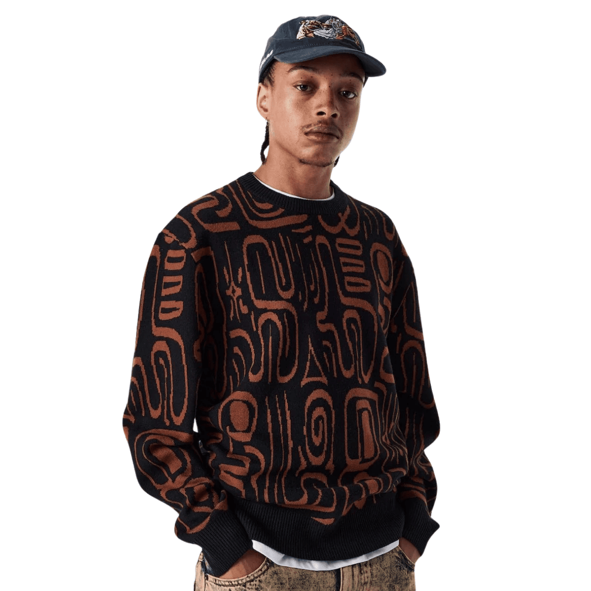 Helas Abstract Knit Crewneck | Black & Brown - The Vines Supply Co