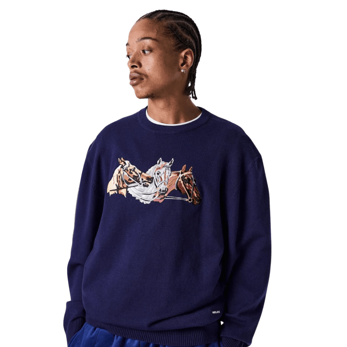 Helas Horses Knit Crewneck | Navy Blue | The Vines Supply Co