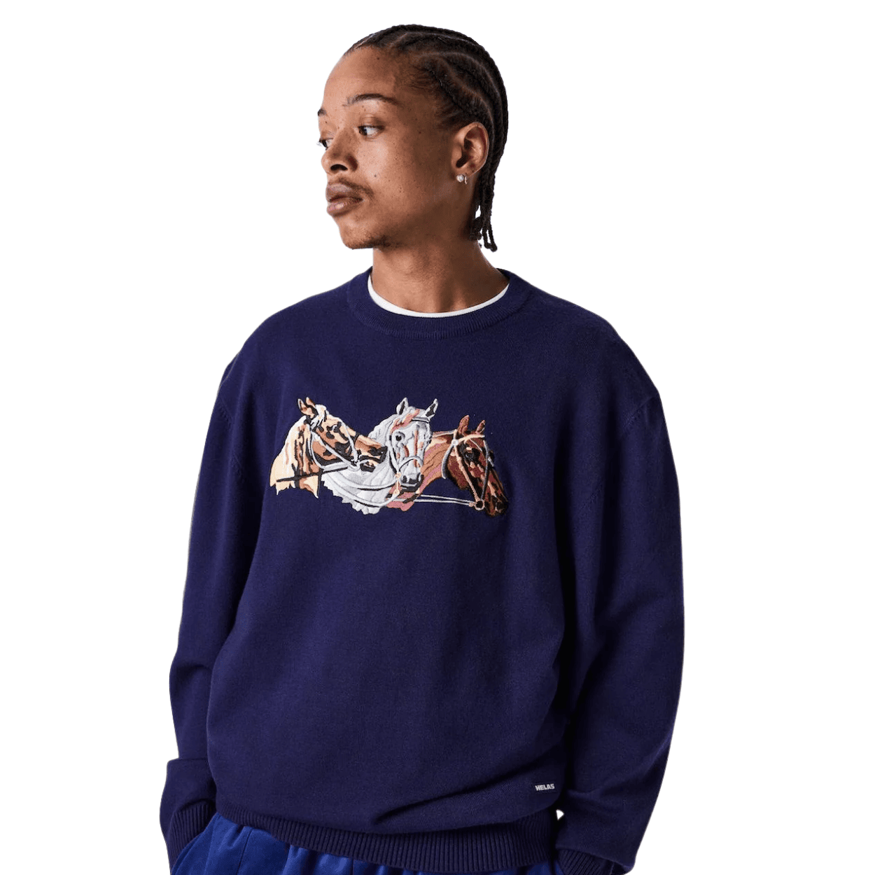 Helas Horses Knit Crewneck | Navy Blue - The Vines Supply Co