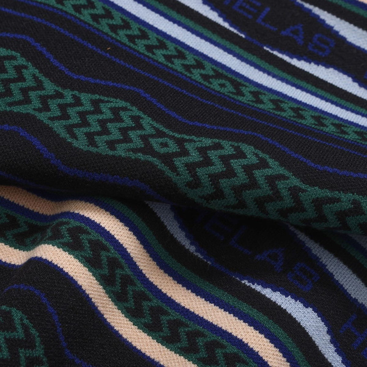 Black Helas Kool Knit Coogi Crewneck jumper with colorful knit pattern, shown on a mannequin, highlighting its stylish design.
