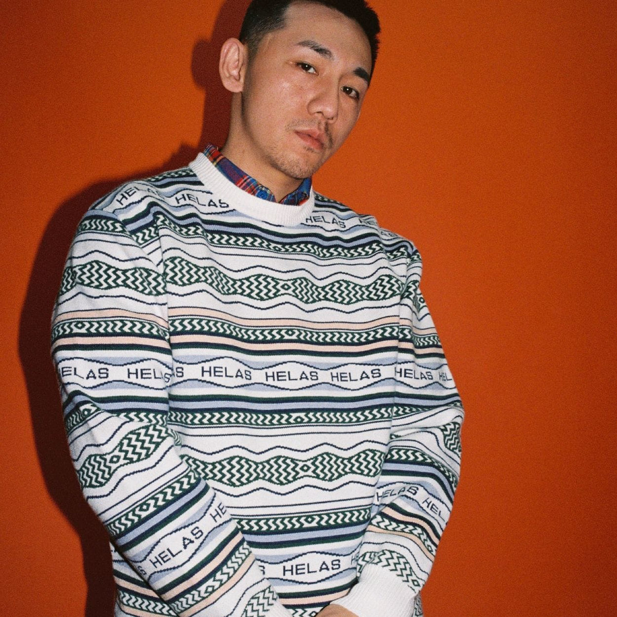 Helas Kool Knit Coogi Crewneck in light beige, showing the textured knit fabric and classic crewneck design.