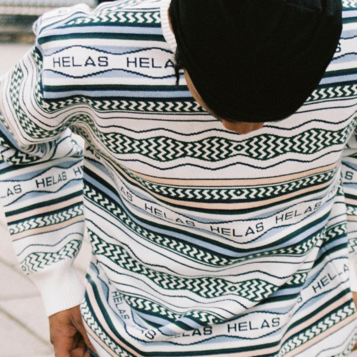 Helas Kool Knit Coogi Crewneck jumper in light beige, featuring a textured knit pattern and classic crewneck design.