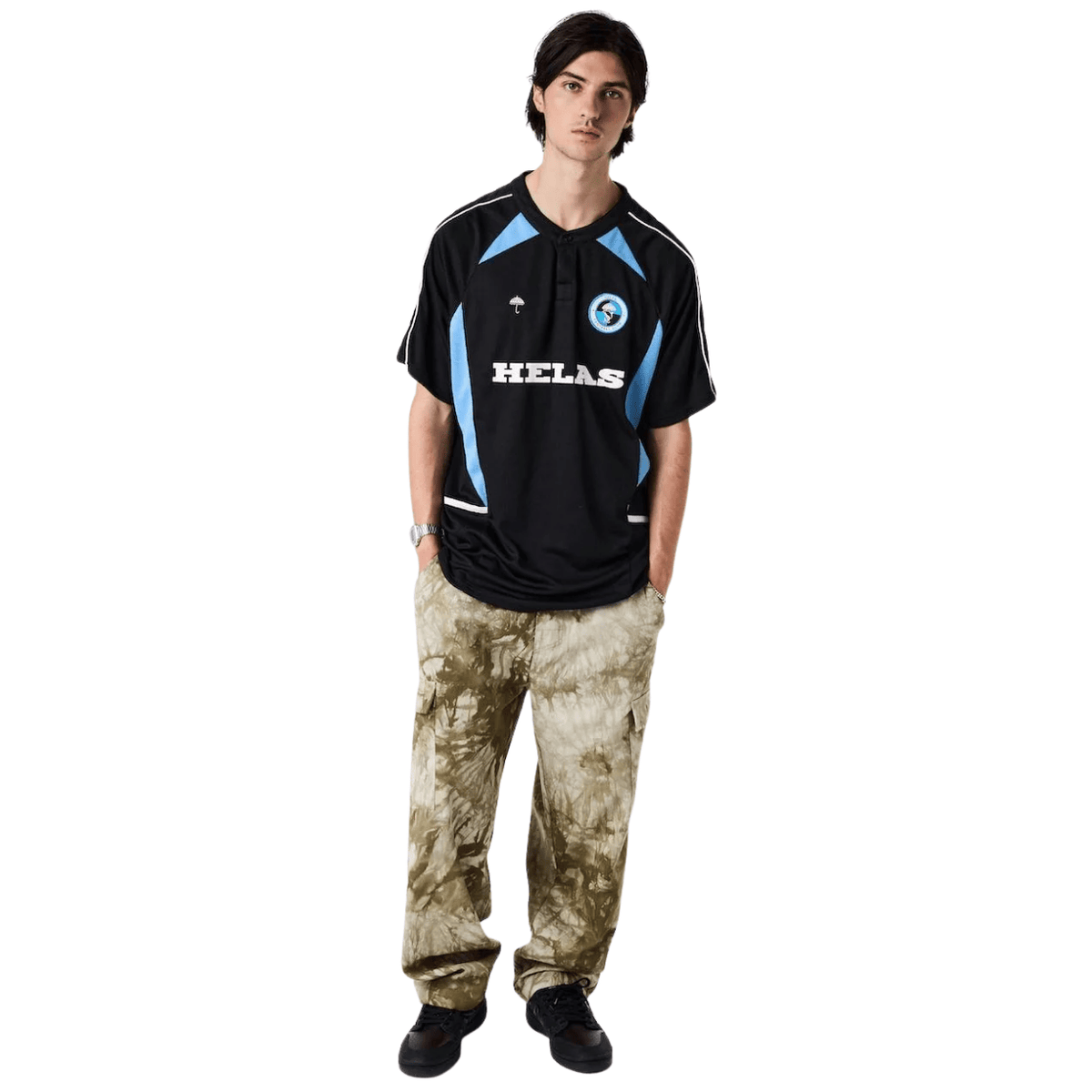 Helas Dolphin football jersey shirt in black and blue with team logo, designed for sports fans and casual wear.