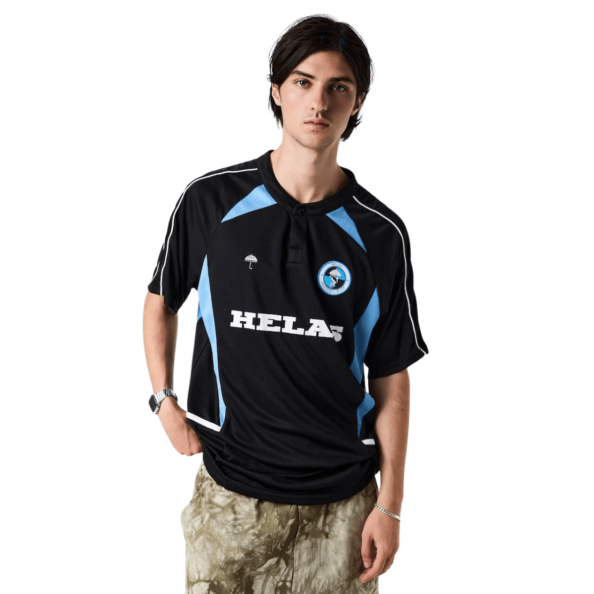 Helas Dolphin football jersey shirt in black and blue, featuring sports team graphics and comfortable fabric for fans.