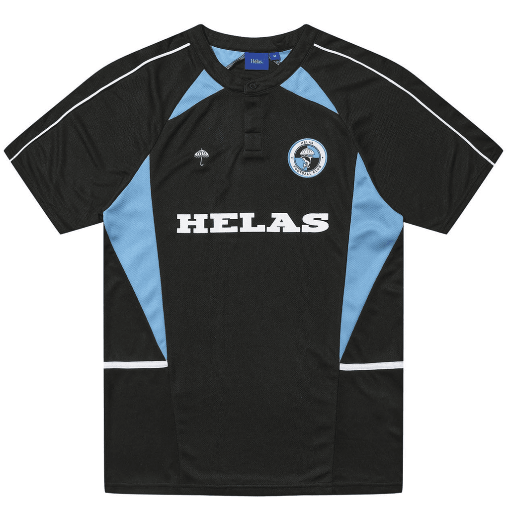Helas Dolphin football jersey shirt in black and blue, featuring team logo and athletic design for sports fans
