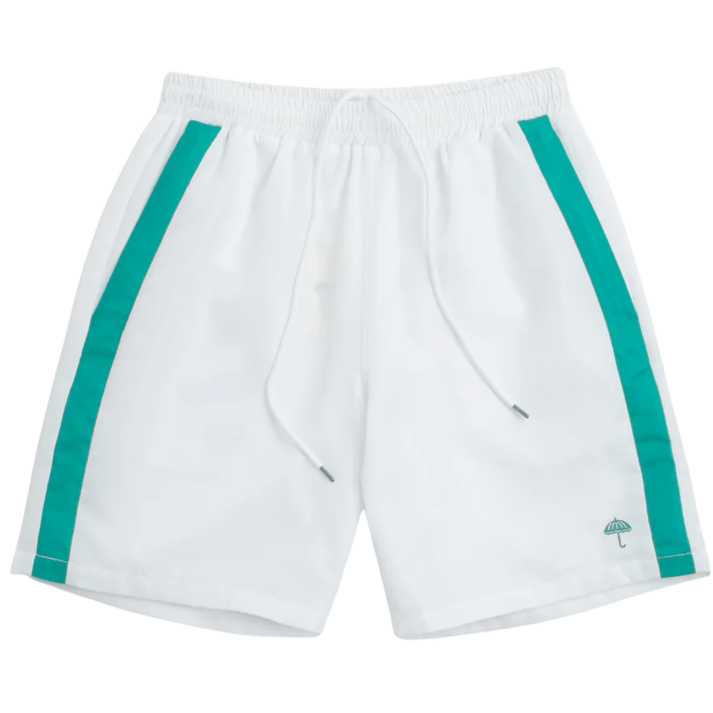 White Helas Facile Sport shorts displayed on a model, featuring a relaxed fit and athletic design.