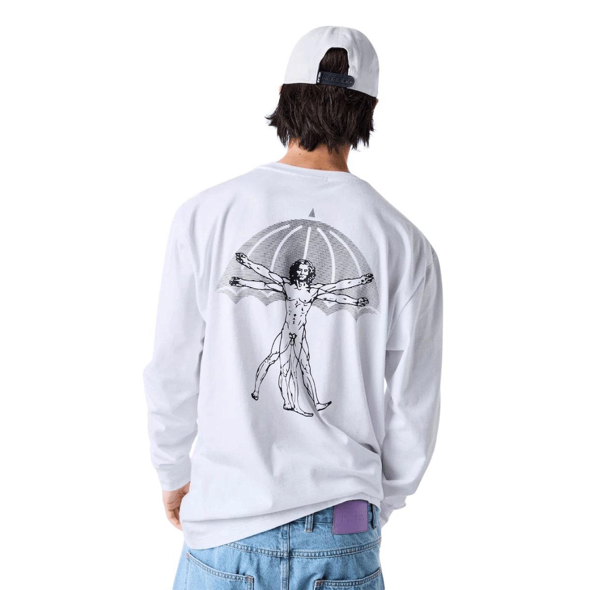White Helas Vitruve long sleeve T-shirt with a graphic design on the front, styled casually on a plain background.