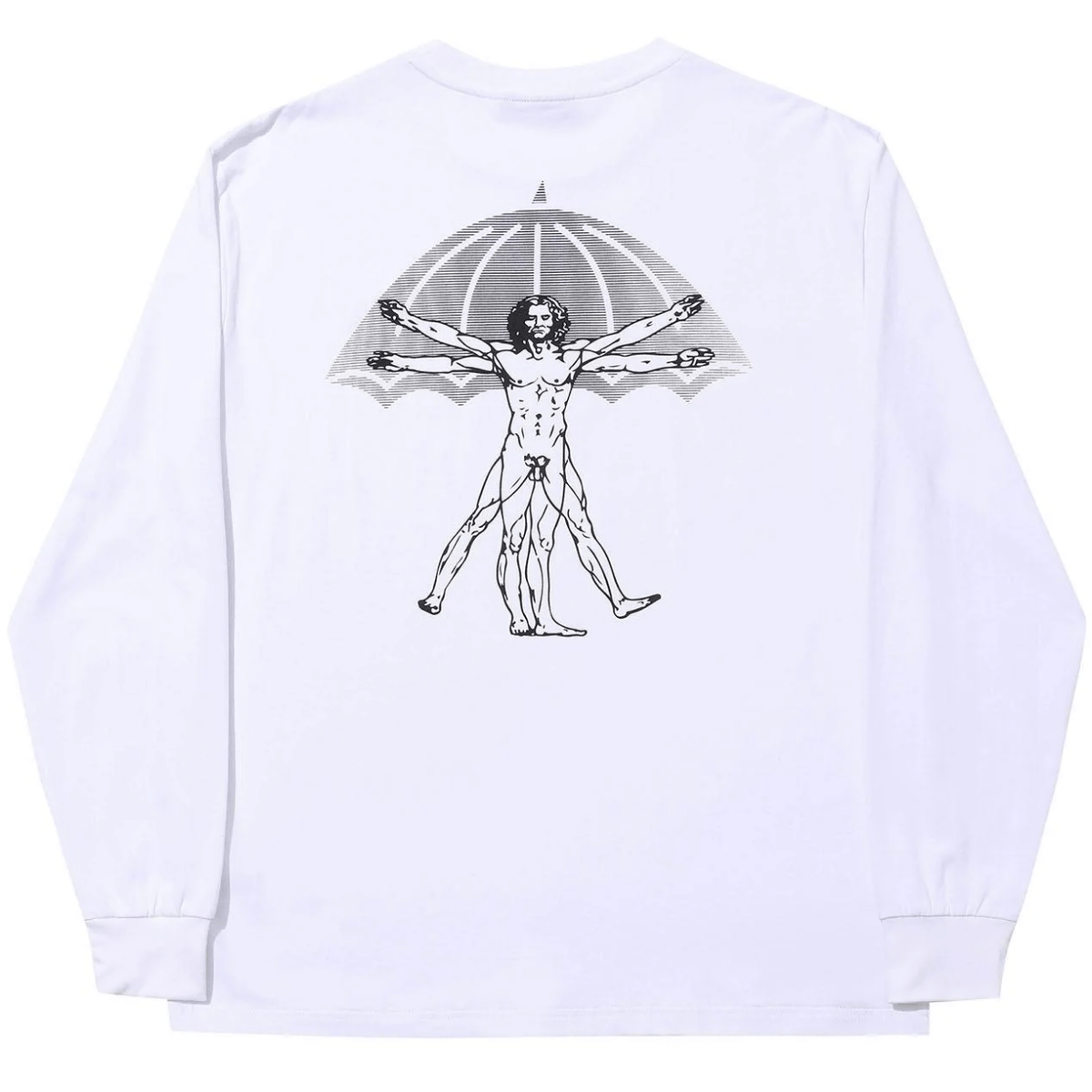 White Helas Vitruve long sleeve T-shirt with logo print, casual fit, and soft cotton fabric, displayed flat on a white background.