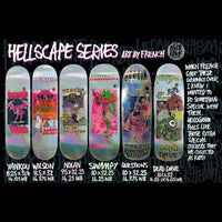 Heroin Skateboards Aaron Wilson Hellscape skateboard deck, 8.5-inch, featuring a detailed graphic design on the deck surface.