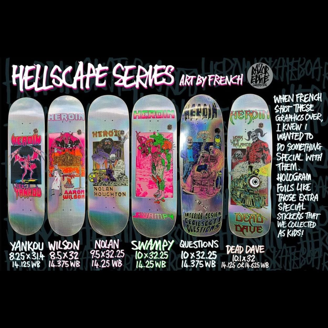 Heroin Skateboards Aaron Wilson Hellscape skateboard deck, 8.5-inch, featuring a detailed graphic design on the deck surface.