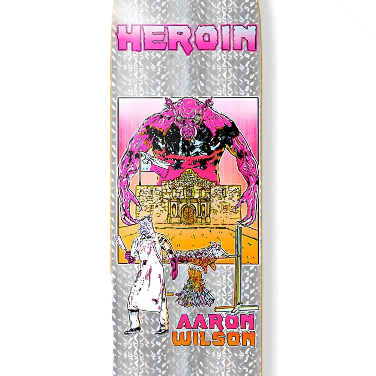 Heroin Skateboards Aaron Wilson Hellscape skateboard deck, 8.5-inch width, featuring a detailed graphic design.