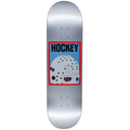 Hockey brand 9-inch skateboard deck featuring a hockey half mask design, ideal for skateboarding enthusiasts.
