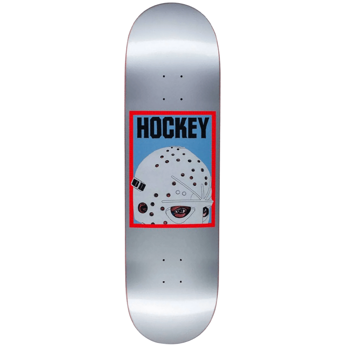 Hockey brand 9-inch skateboard deck featuring a hockey half mask design, ideal for skateboarding enthusiasts.