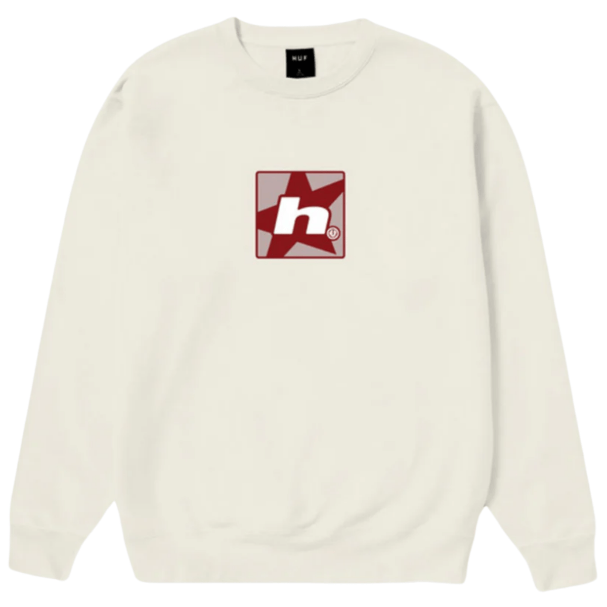 HUF H Star Crewneck Sweater in natural color, featuring a crewneck design with star graphic and HUF branding on the front.