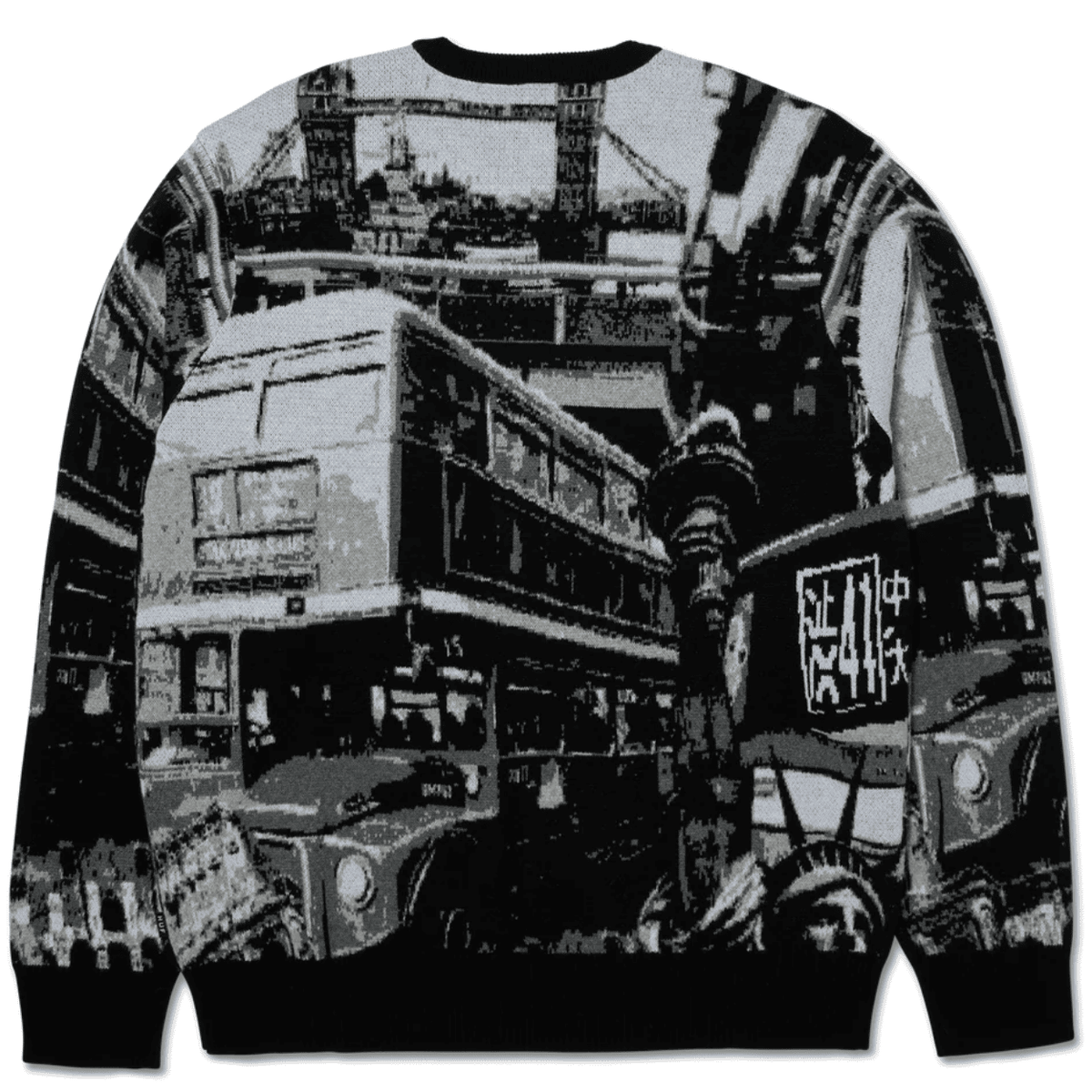 Black HUF Worldwide Commuter Crewneck Sweater, crewneck style, made of soft fabric with HUF branding visible on the front.