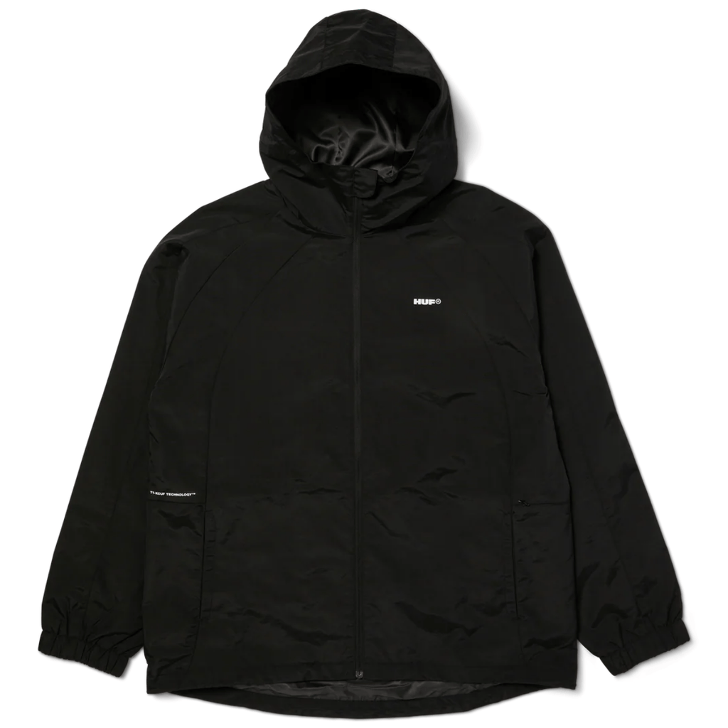 Black HUF All Caps Shell Jacket with hood and front zipper, lightweight outdoor jacket with logo details.