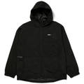 Black HUF All Caps Shell Jacket with hood and front zipper, lightweight outdoor jacket with logo details.