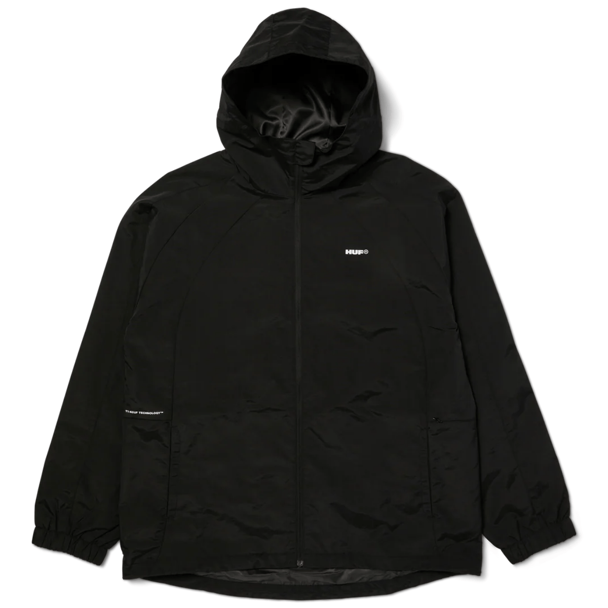 Black HUF All Caps Shell Jacket with hood and front zipper, lightweight outdoor jacket with logo details.