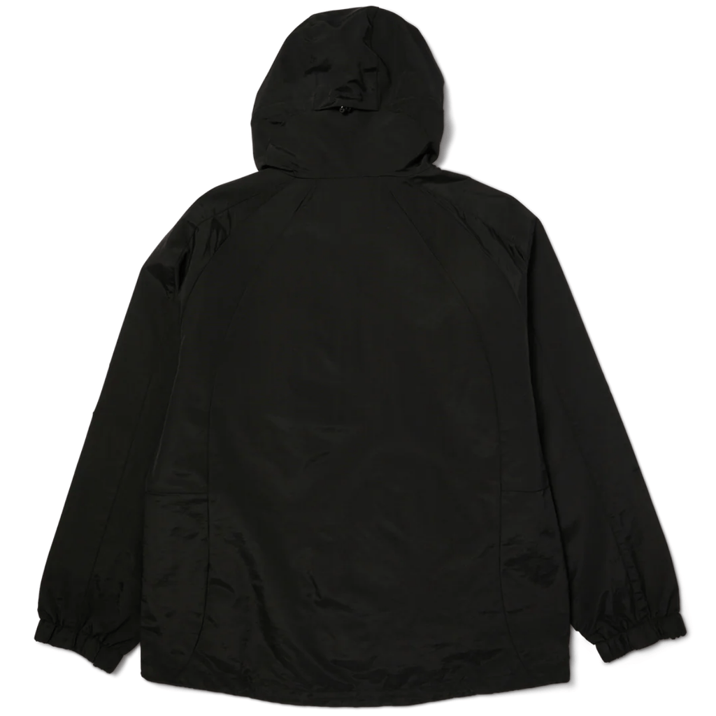 Black HUF All Caps Shell Jacket shown from the front, featuring a lightweight design and adjustable hood.