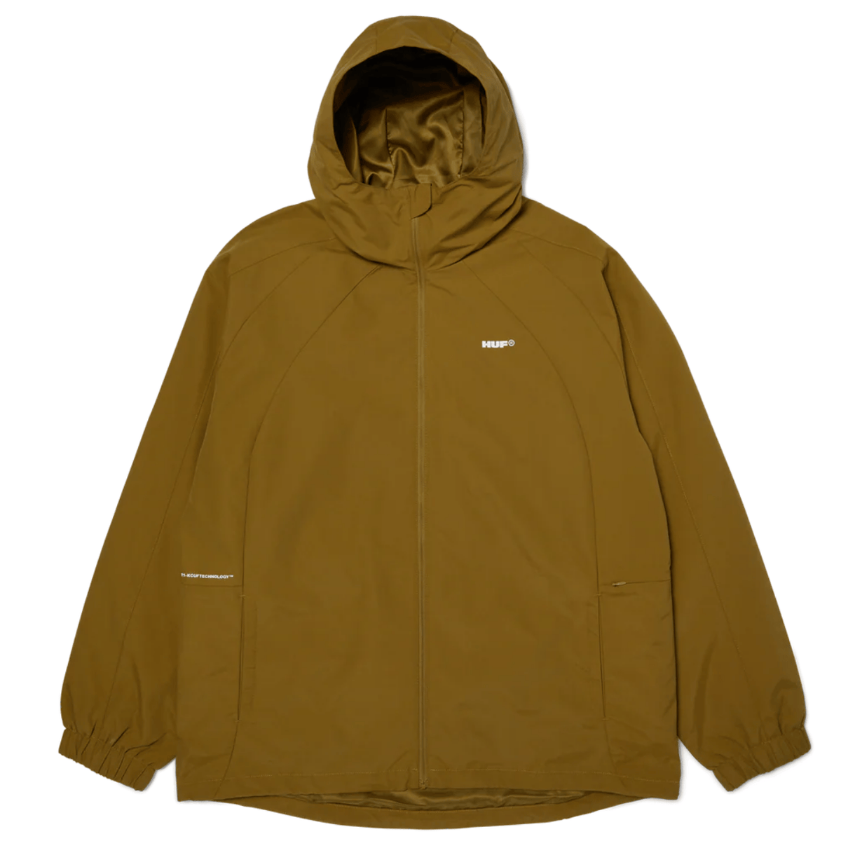 HUF All Caps Shell Jacket in rich brown, lightweight waterproof jacket with hood, front zip, and adjustable cuffs.