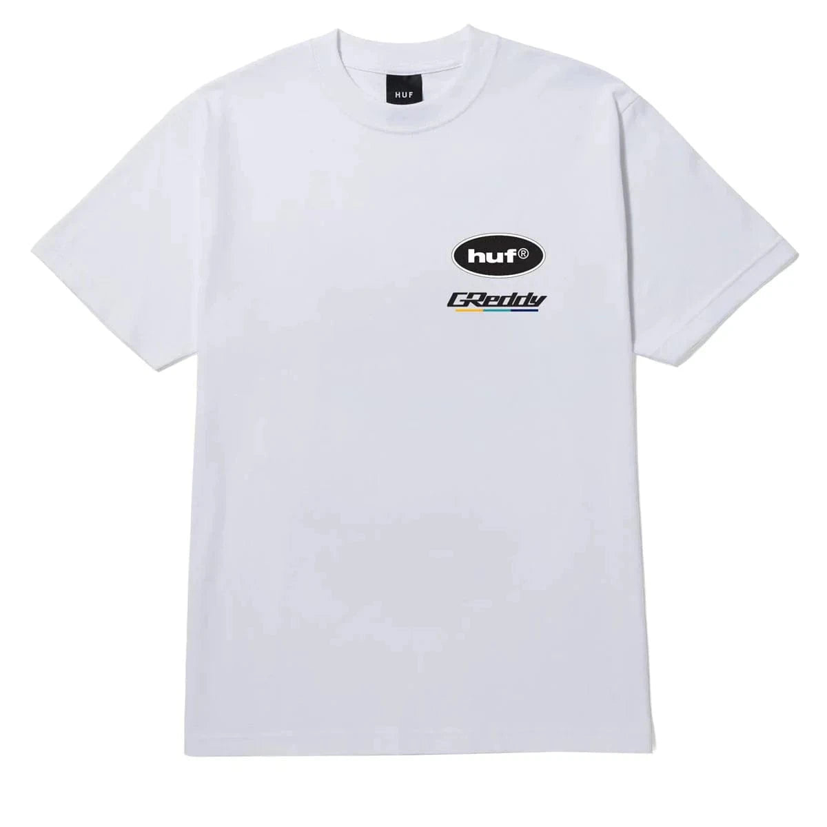 White HUF X Greddy T-shirt featuring a graphic design, made of soft cotton, perfect for casual streetwear style.
