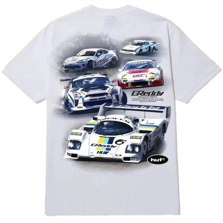 White HUF X Greddy T-shirt featuring the HUF logo and Greddy branding, casual men's tee with a comfortable fit.