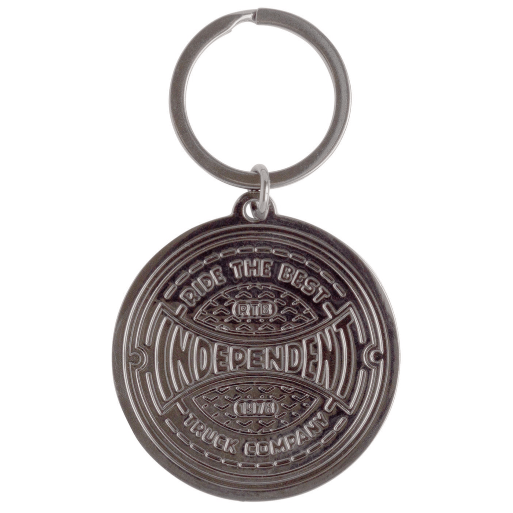 Silver Independent Pavement Span keychain with engraved logo, featuring a durable metal design and a split ring for keys.