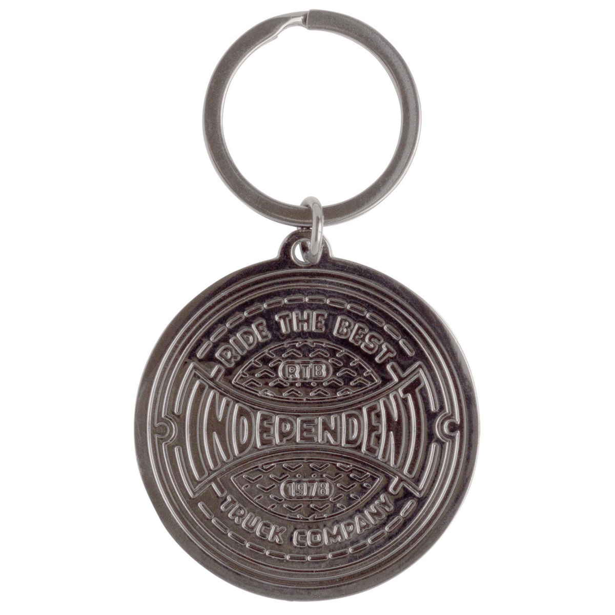 Silver Independent Pavement Span keychain with engraved logo, featuring a durable metal design and a split ring for keys.